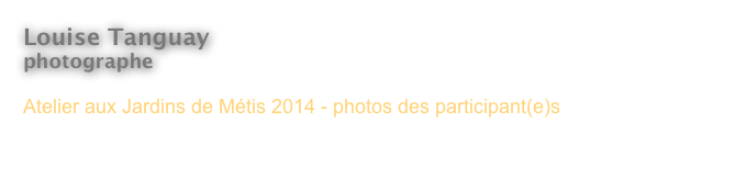 Louise Tanguay
photographe 

Atelier aux Jardins de Métis 2014 - photos des participant(e)s


< Revenir àl’index